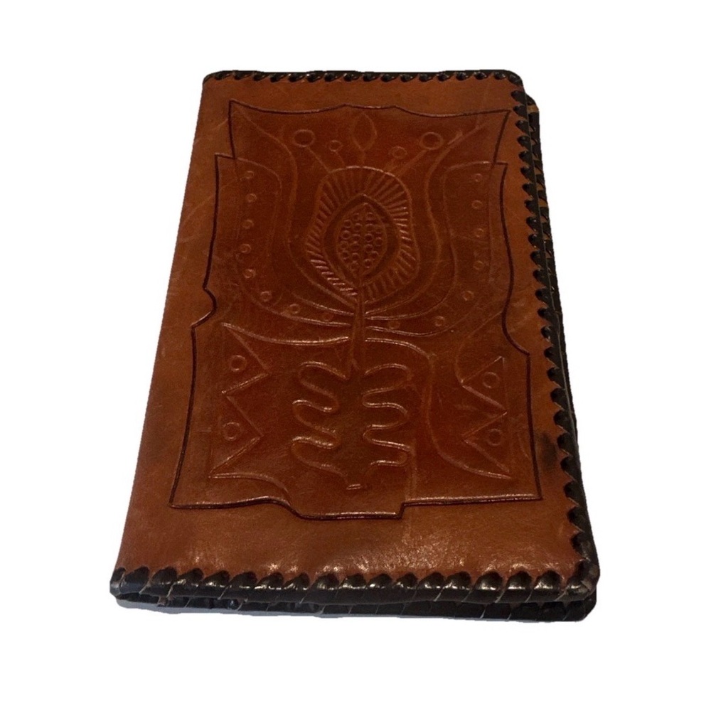 Vintage Tooled Leather Wallet Bifold Brown Western Style Whip Stitch Red Lining